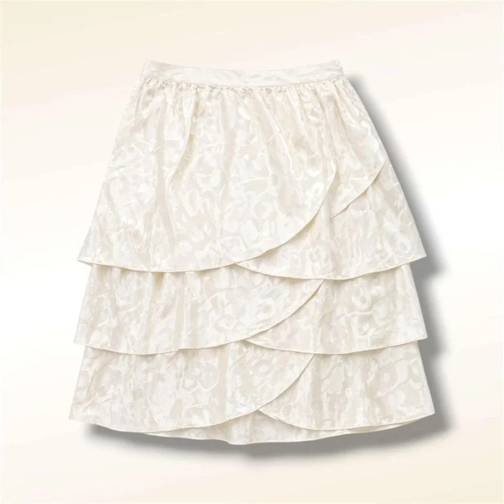 D'Ore Ivory 100% Silk Tiered Ruffle Layered Jacquard‎ Midi Skirt Size 12